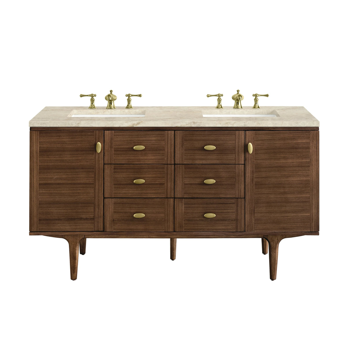 Amberly 60" Double Vanity, Mid-Century Walnut, w/ 3 CM Tajnar Eclos Top w/FreePower Wireless Charger