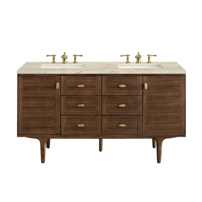 Amberly 60" Double Vanity, Mid-Century Walnut, w/ 3 CM Tajnar Eclos Top w/FreePower Wireless Charger