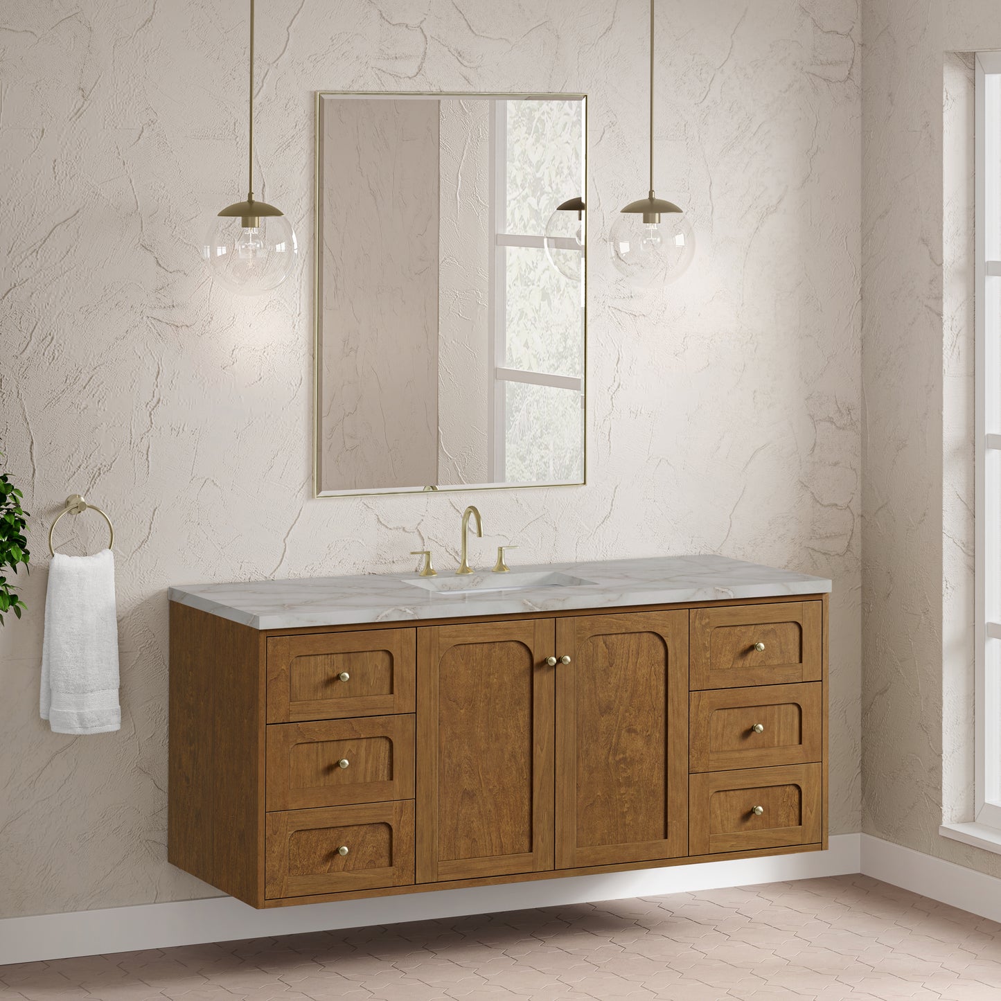 Renovate for Less Atlanta Laurent 60" Single Vanity, Honey Oak w/ 3 CM Victorian Silver Silestone Top w/FreePower Wireless Charger