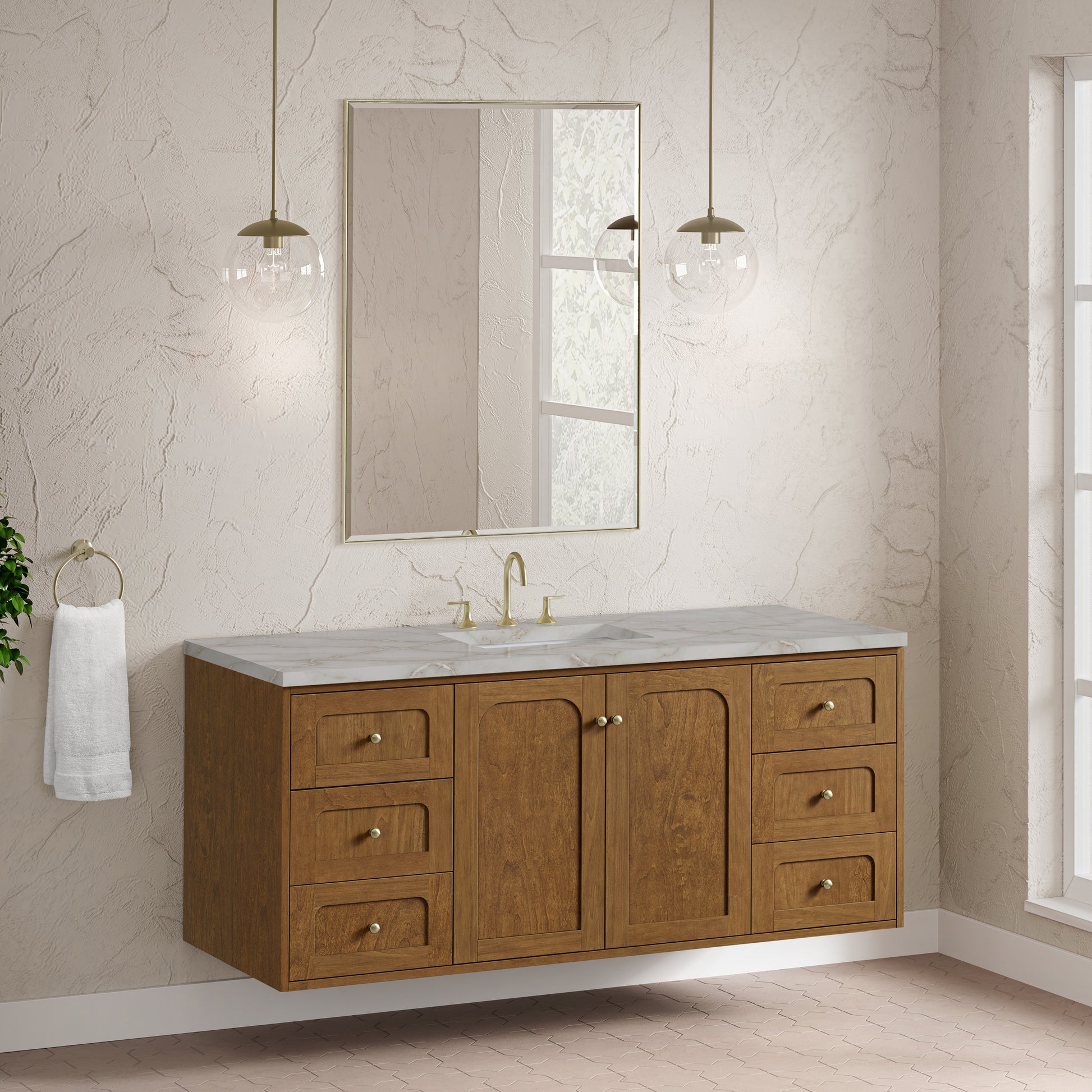 Renovate for Less Atlanta Laurent 60" Single Vanity, Honey Oak w/ 3 CM Victorian Silver Silestone Top w/FreePower Wireless Charger