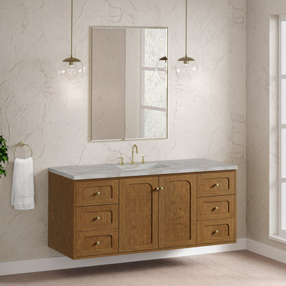Renovate for Less Atlanta Laurent 60" Single Vanity, Honey Oak w/ 3 CM Victorian Silver Silestone Top w/FreePower Wireless Charger