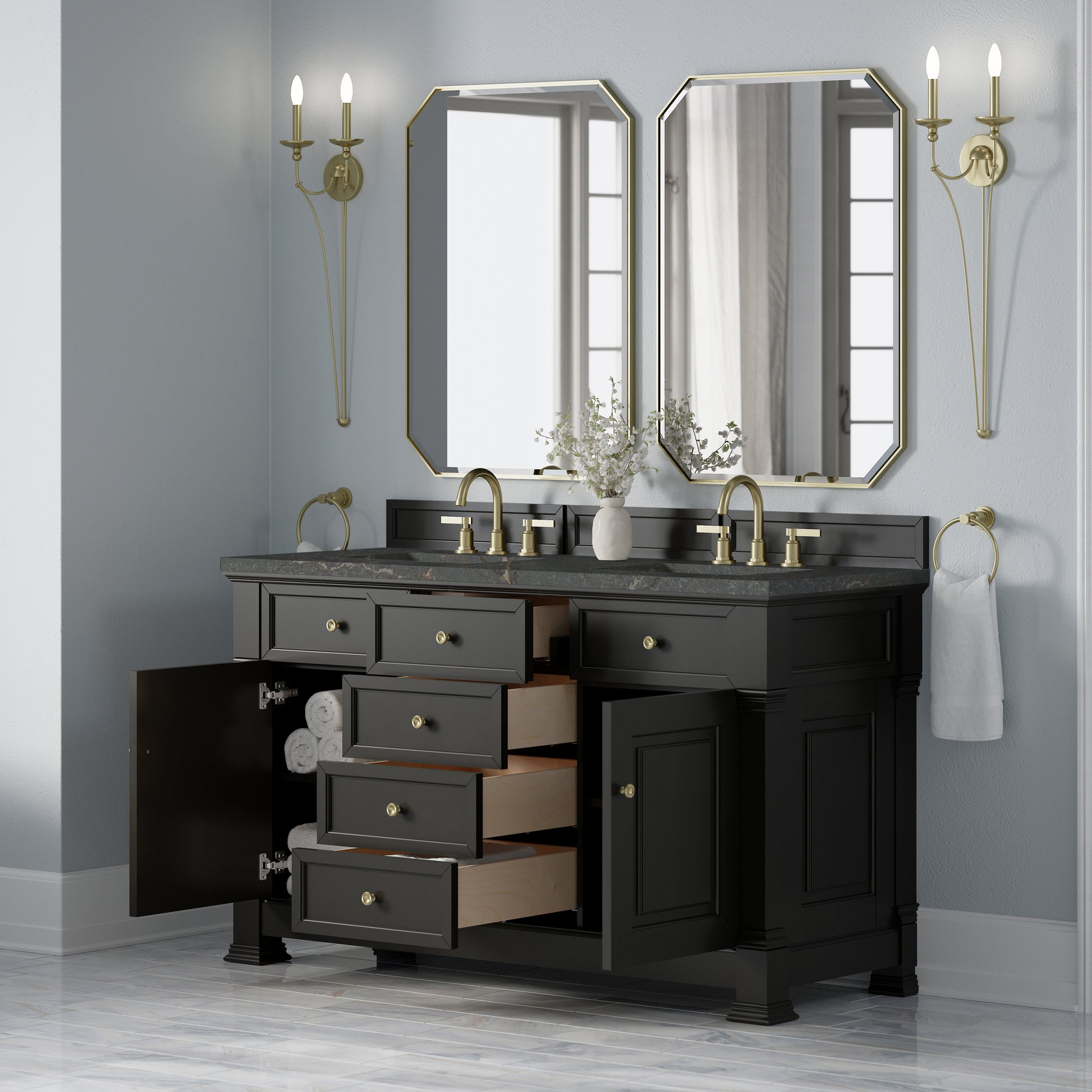 Renovate for Less Atlanta Brookfield 60" Double Vanity, Black Onyx w/ 3 CM Parisien Bleu Silestone Top w/FreePower Wireless Charger