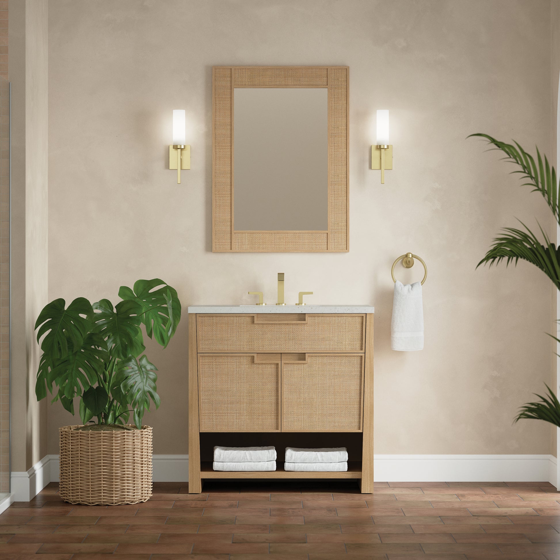 Renovate for Less Atlanta Solene 36" Single Vanity, Seaside Oak, w/ 3 CM Lime Delight Quartz Top
