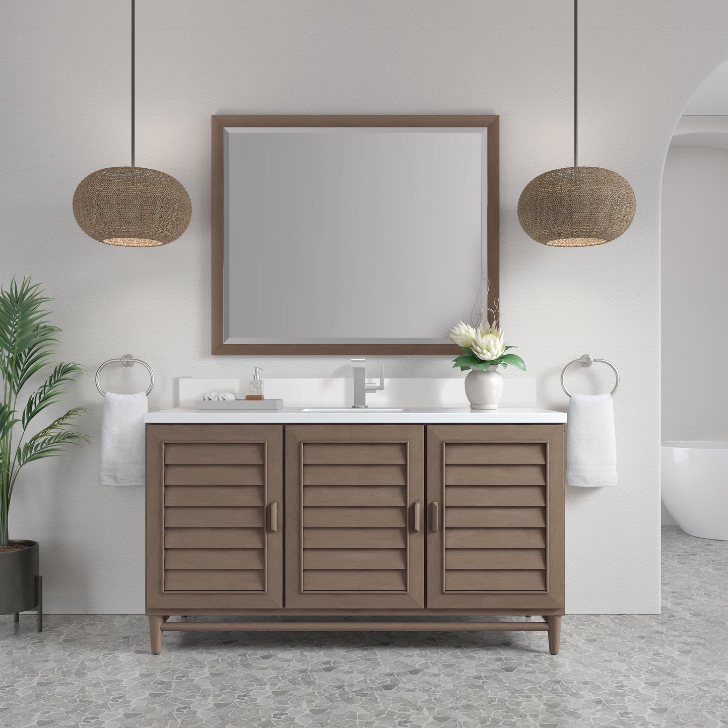 Renovate for Less Atlanta Portland 60" Single Vanity Whitewashed Walnut w/ Single Hole 3 CM White Zeus Silestone Top & Backsplash