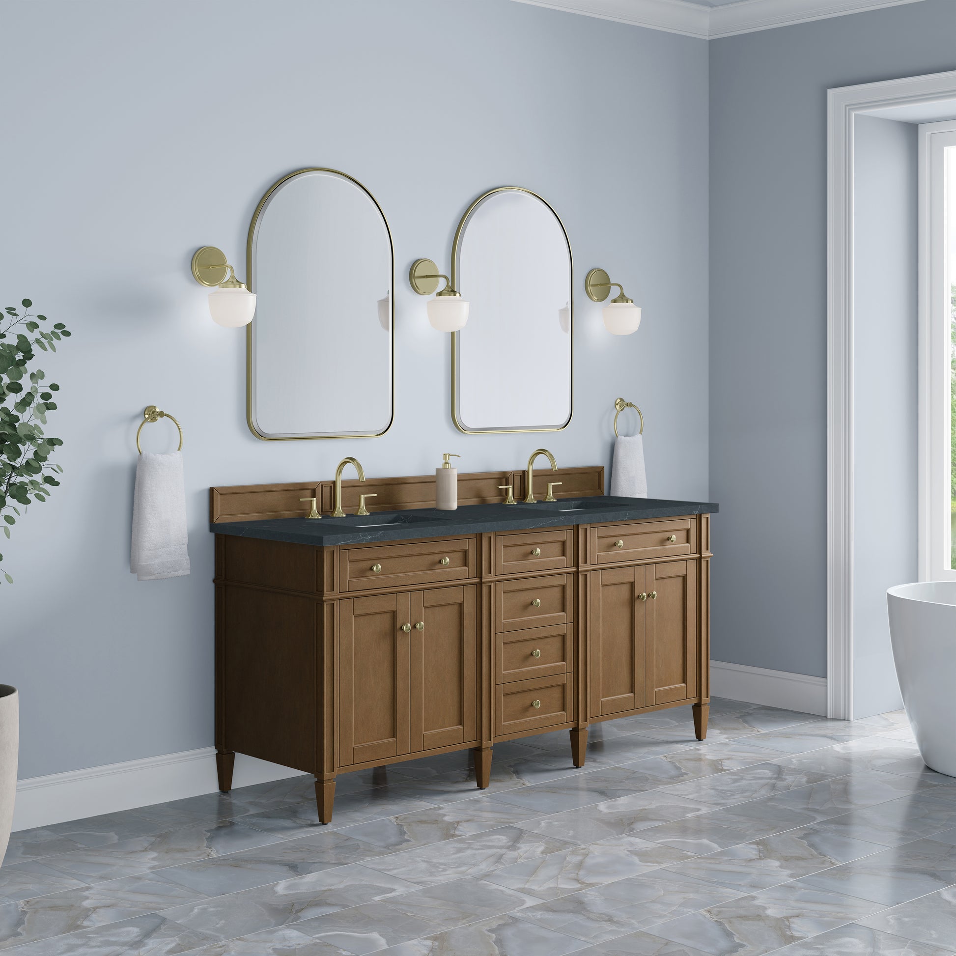 Renovate for Less Atlanta Brittany 72" Double Vanity, Pecan w/ 3 CM Charcoal Soapstone Silestone Top