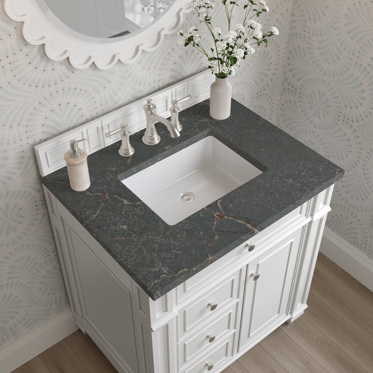 Renovate for Less Atlanta Bristol 30" Single Vanity, Bright White w/ 3 CM Parisien Bleu Silestone Top