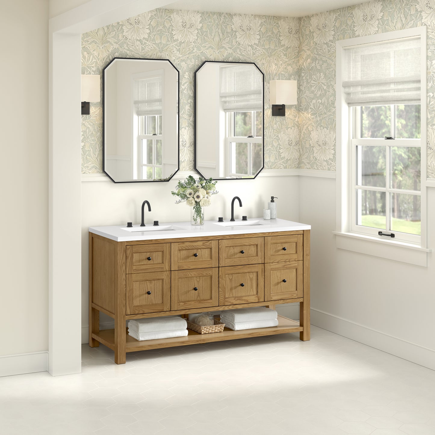 Renovate for Less Atlanta Breckenridge 60" Double Vanity, Light Natural Oak, w/ 3 CM White Zeus Quartz Top