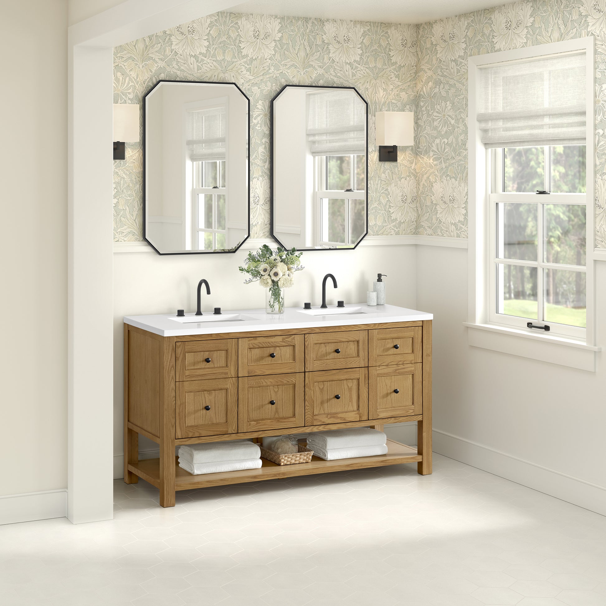 Renovate for Less Atlanta Breckenridge 60" Double Vanity, Light Natural Oak, w/ 3 CM White Zeus Quartz Top