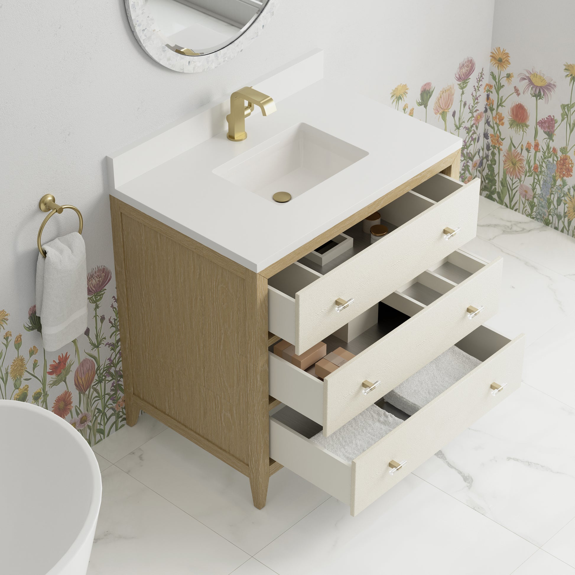 Renovate for Less Atlanta Celeste 36" Single Vanity, Sunwashed Oak with Embossed Shagreen w/ Single Hole 3 CM White Zeus Silestone Top & Backsplash
