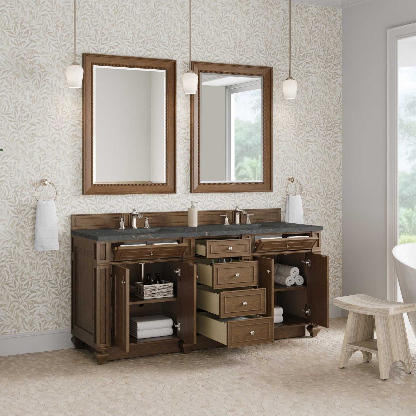 Renovate for Less Atlanta Bristol 72" Double Vanity, Saddle Brown w/ 3 CM Parisien Bleu Silestone Top