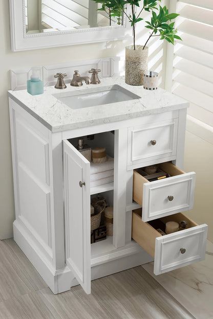 De Soto 30" Single Vanity, Bright White w/ 3 CM Eternal Jasmine Pearl Silestone Top