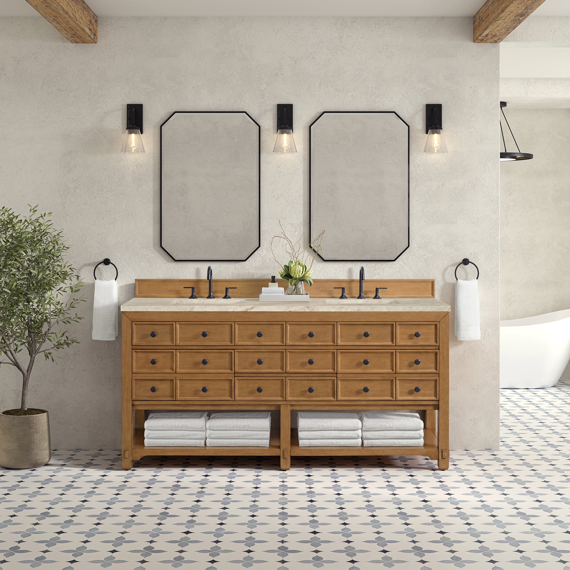 Renovate for Less Atlanta Malibu 72" Double Vanity, Amber Birch, w/ 3 CM Tajnar Eclos Top