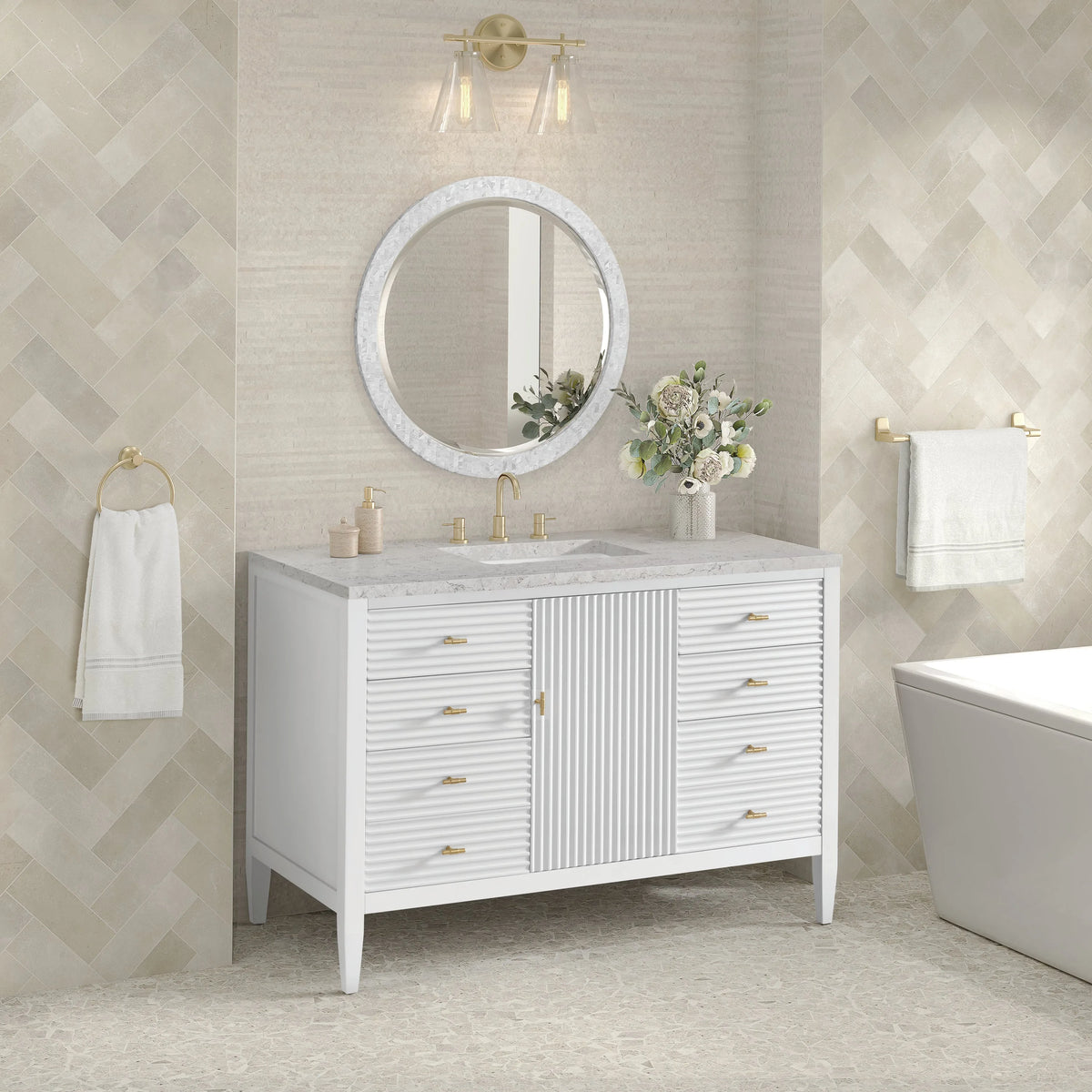 Myrrin 48" Single Vanity, Bright White w/ 3 CM Eternal Jasmine Pearl Silestone Top w/FreePower Wireless Charger