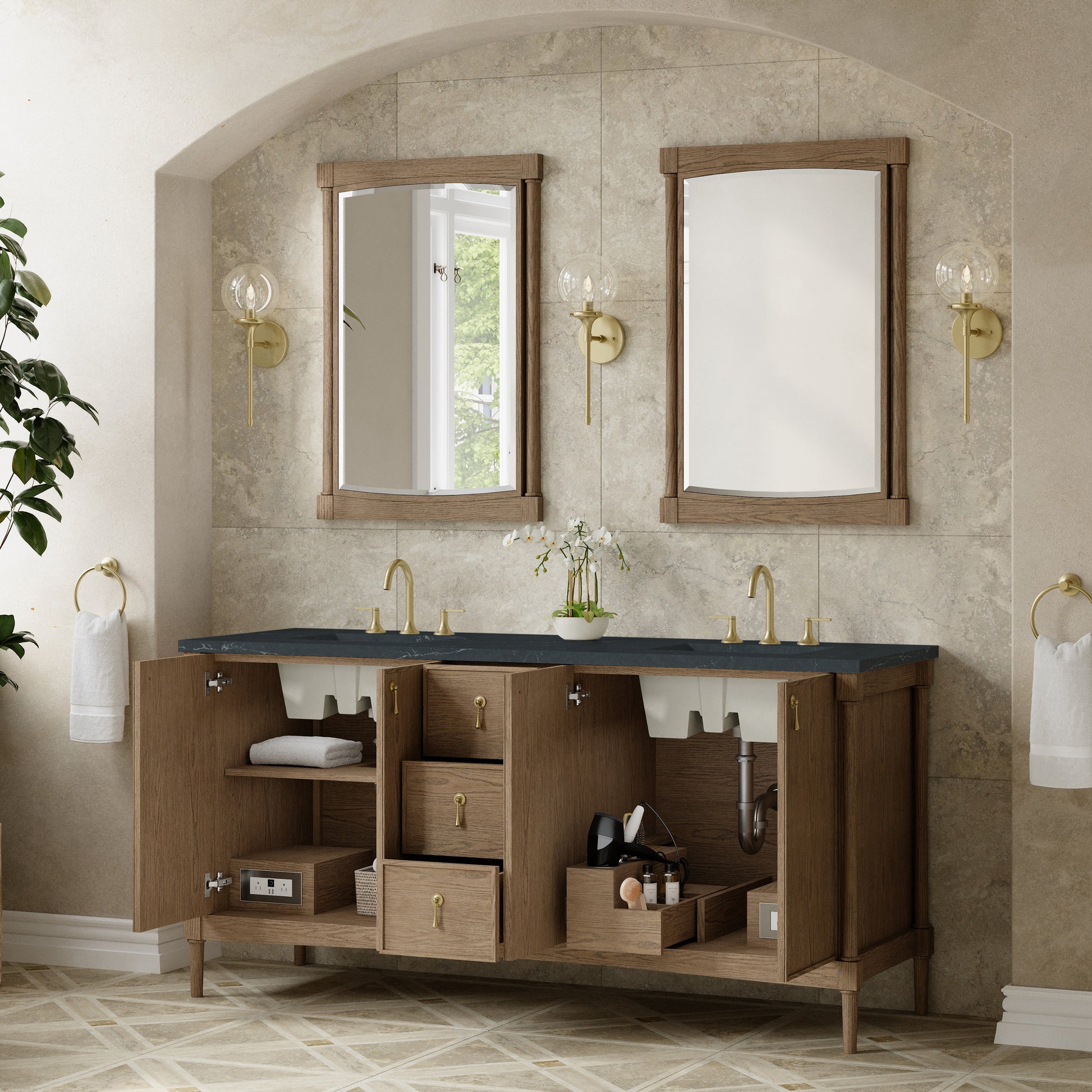 Renovate for Less Atlanta Kinnsden 72" Double Vanity, Weathered Oak w/ 3 CM Charcoal Soapstone Silestone Top