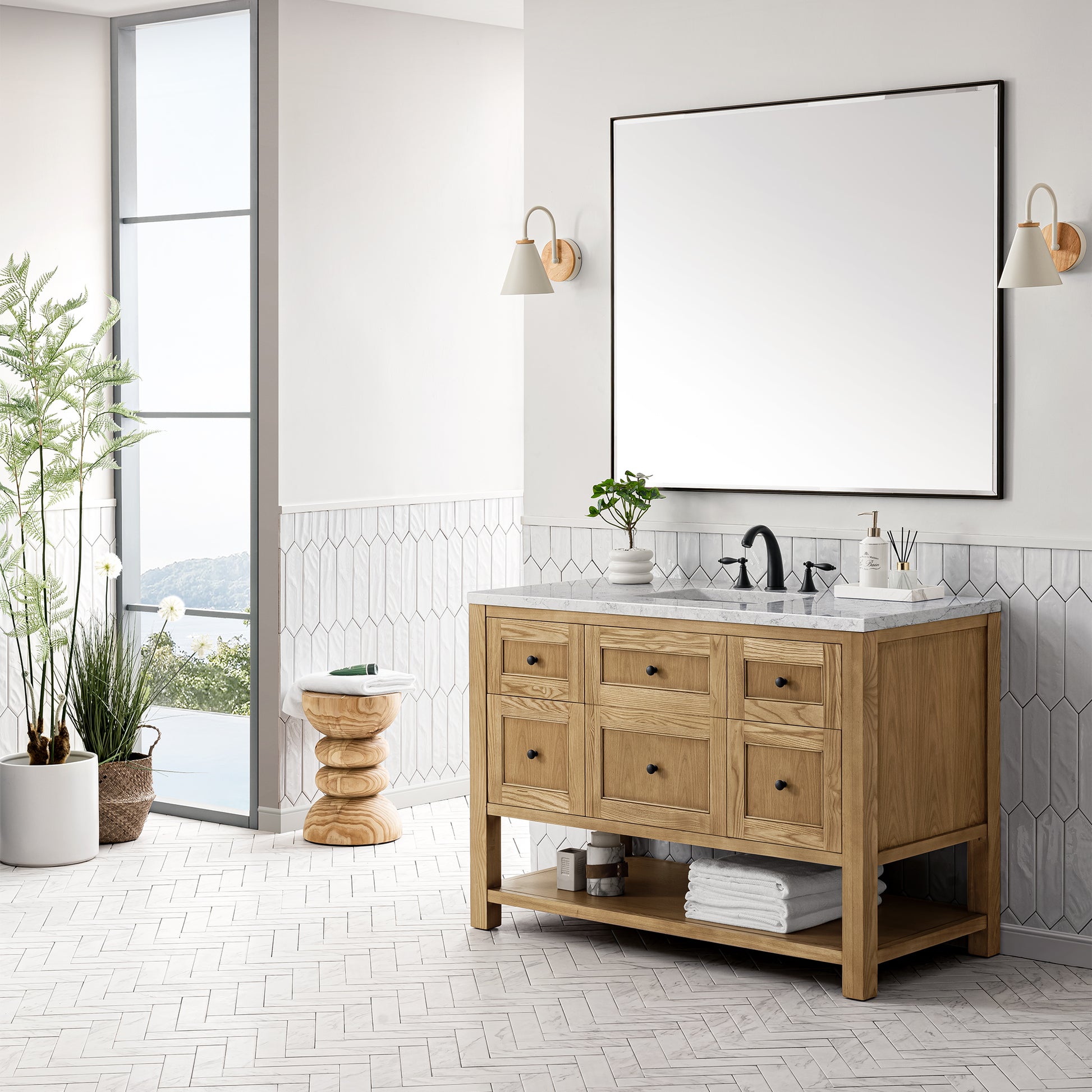 Renovate for Less Atlanta Breckenridge 48" Single Vanity, Light Natural Oak w/ 3 CM Eternal Jasmine Pearl Top w/FreePower Wireless Charger