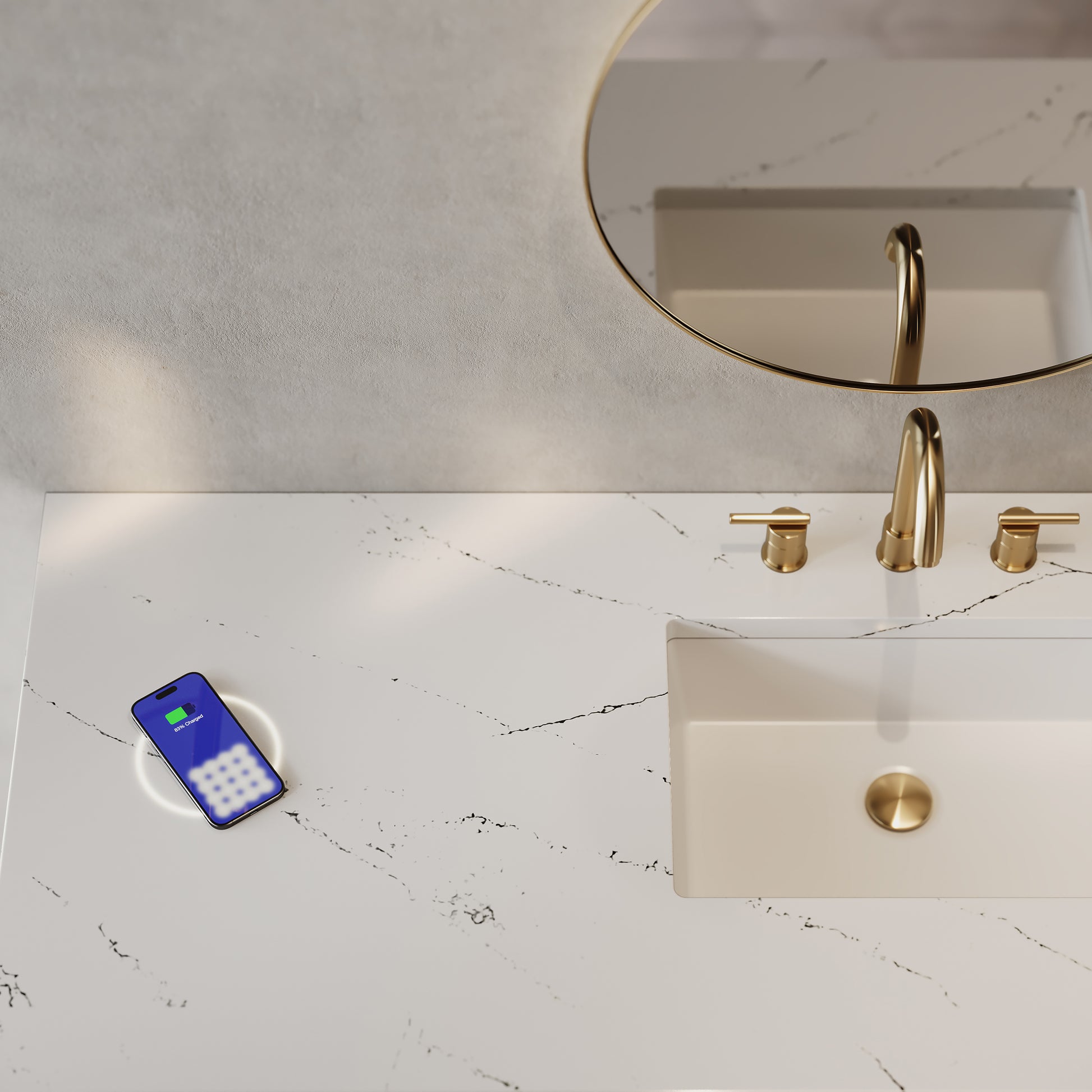 Renovate for Less Atlanta Breckenridge 60" Single Vanity, Smokey Celadon, w/ 3 CM Ethereal Noctis Silestone Top w/ FreePower Wireless Charger