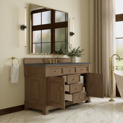 Renovate for Less Atlanta Brookfield 60" Single Vanity, Pecan w/ 3 CM Parisien Bleu Silestone Top