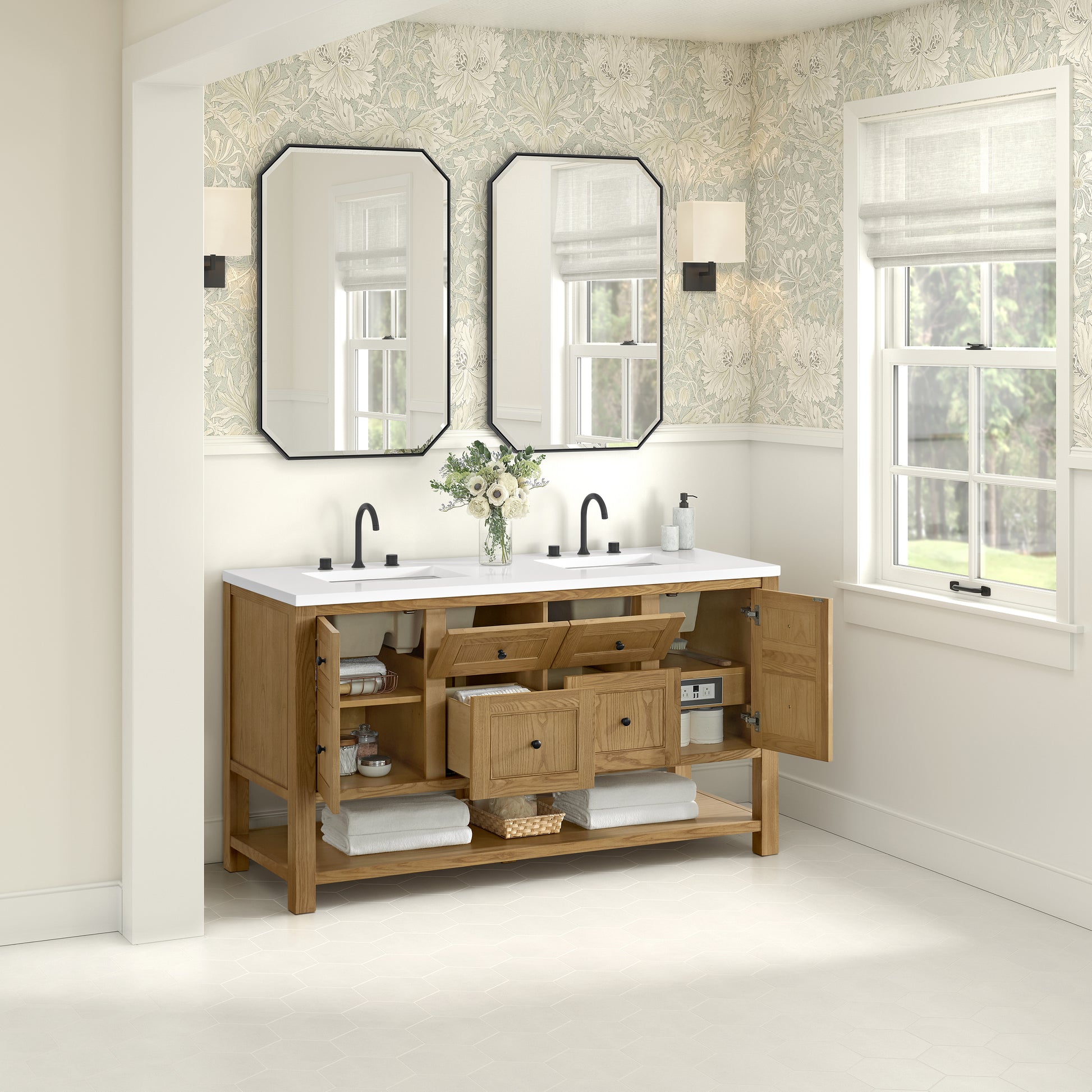 Renovate for Less Atlanta Breckenridge 60" Double Vanity, Light Natural Oak, w/ 3 CM White Zeus Quartz Top