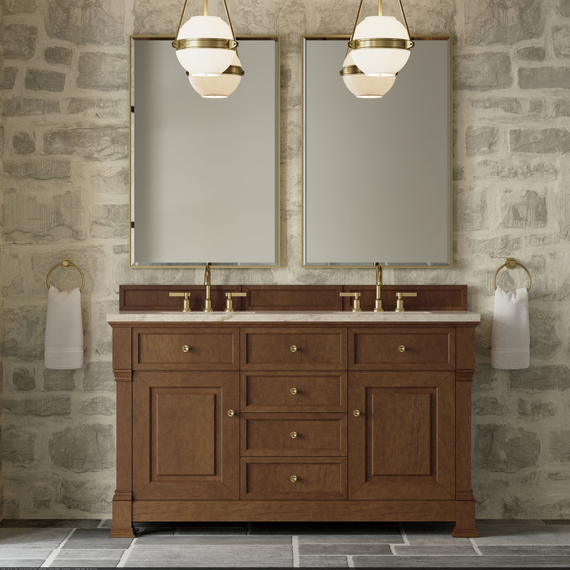 Renovate for Less Atlanta Brookfield 60" Double Vanity, Honey Oak, w/ 3 CM Tajnar Eclos Top w/FreePower Wireless Charger