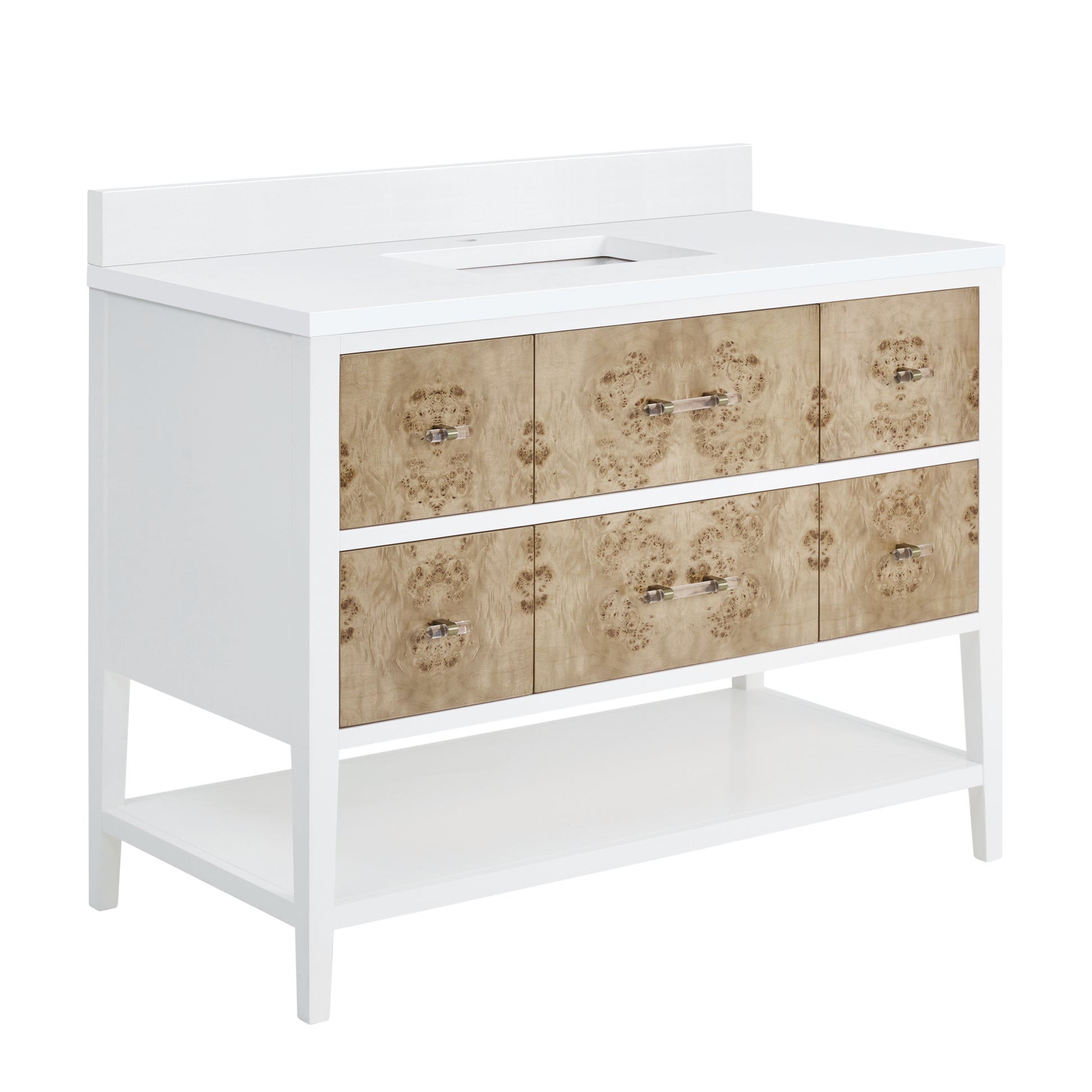 Renovate for Less Atlanta Olena 48" Single Vanity, Light Mappa Burl and Polished White w/ Single Hole 3 CM White Zeus Silestone Top & Backsplash