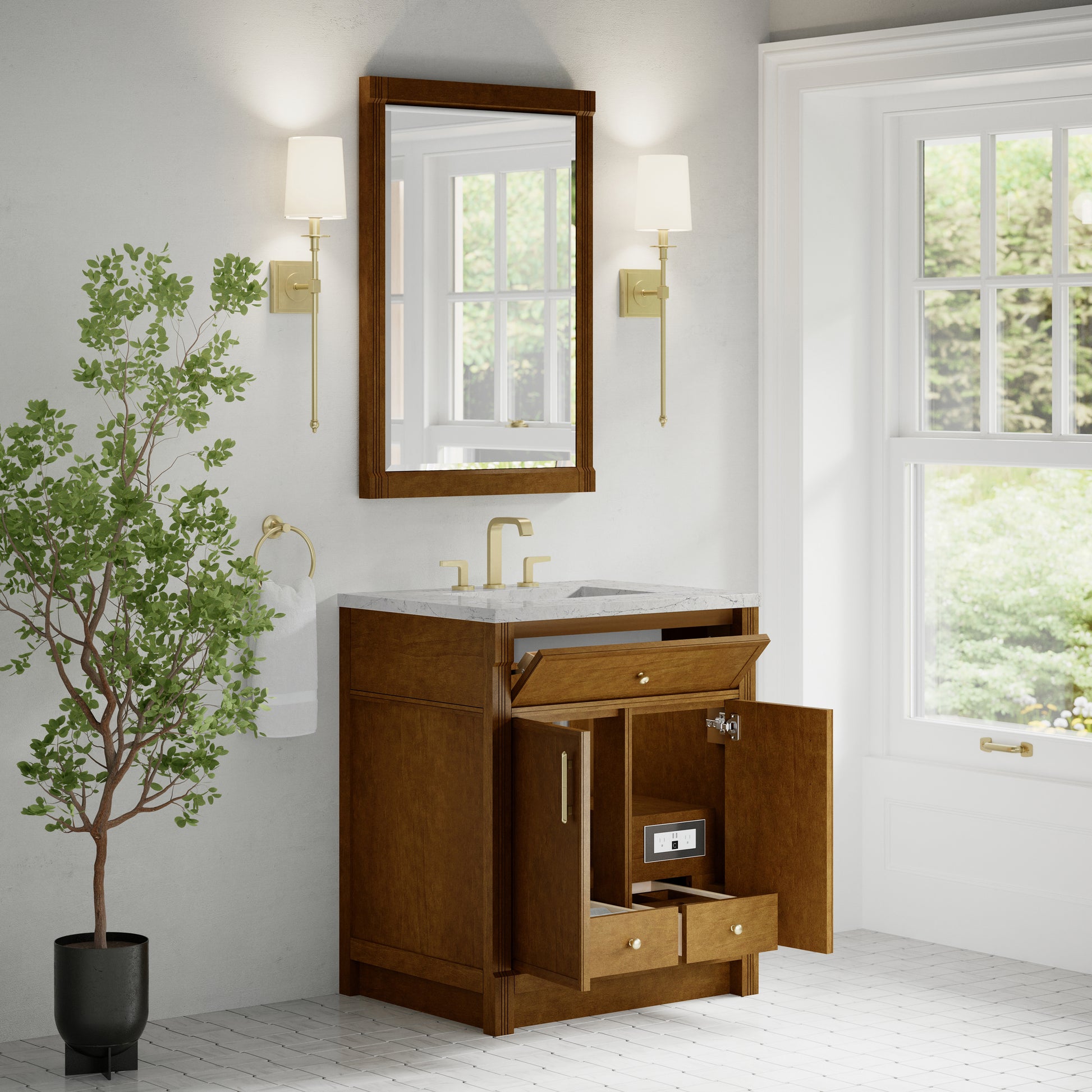 Renovate for Less Atlanta Bellshire 30" Single Vanity, Honey Oak w/ 3 CM Eternal Jasmine Pearl Silestone Top