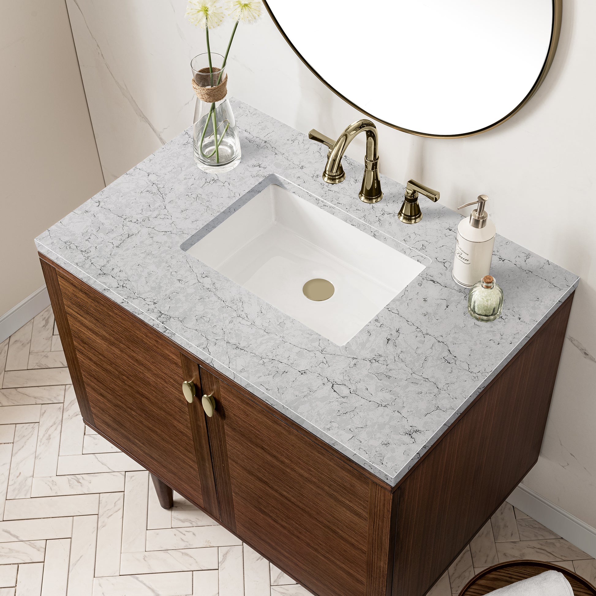 Renovate for Less Atlanta Amberly 36" Single Vanity, Mid-Century Walnut w/ 3 CM Eternal Jasmine Pearl Top