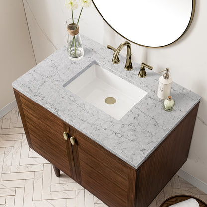 Renovate for Less Atlanta Amberly 36" Single Vanity, Mid-Century Walnut w/ 3 CM Eternal Jasmine Pearl Top
