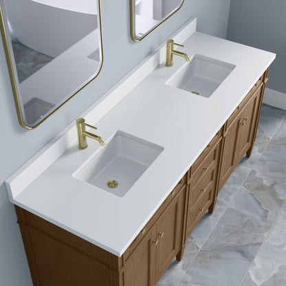 Renovate for Less Atlanta Brittany 72" Double Vanity, Pecan w/ Single Hole 3 CM White Zeus Silestone Top and Matching Backsplash