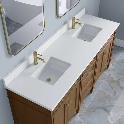 Brittany 72" Double Vanity, Pecan w/ Single Hole 3 CM White Zeus Silestone Top and Matching Backsplash