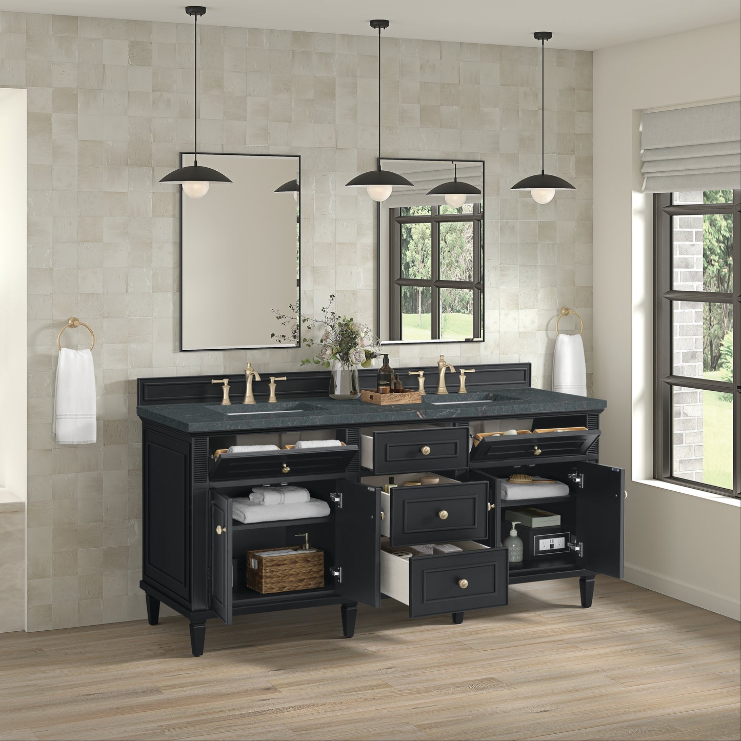 Renovate for Less Atlanta Lorelai 72" Double Vanity, Black Onyx w/ 3 CM Parisien Bleu Silestone Top w/FreePower Wireless Charger