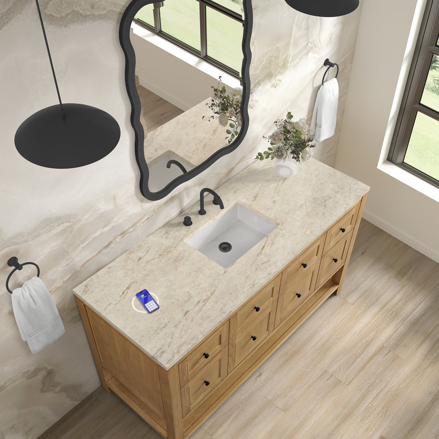 Renovate for Less Atlanta Breckenridge 60" Single Vanity, Light Natural Oak, w/ 3 CM Tajnar Eclos Top w/FreePower Wireless Charger