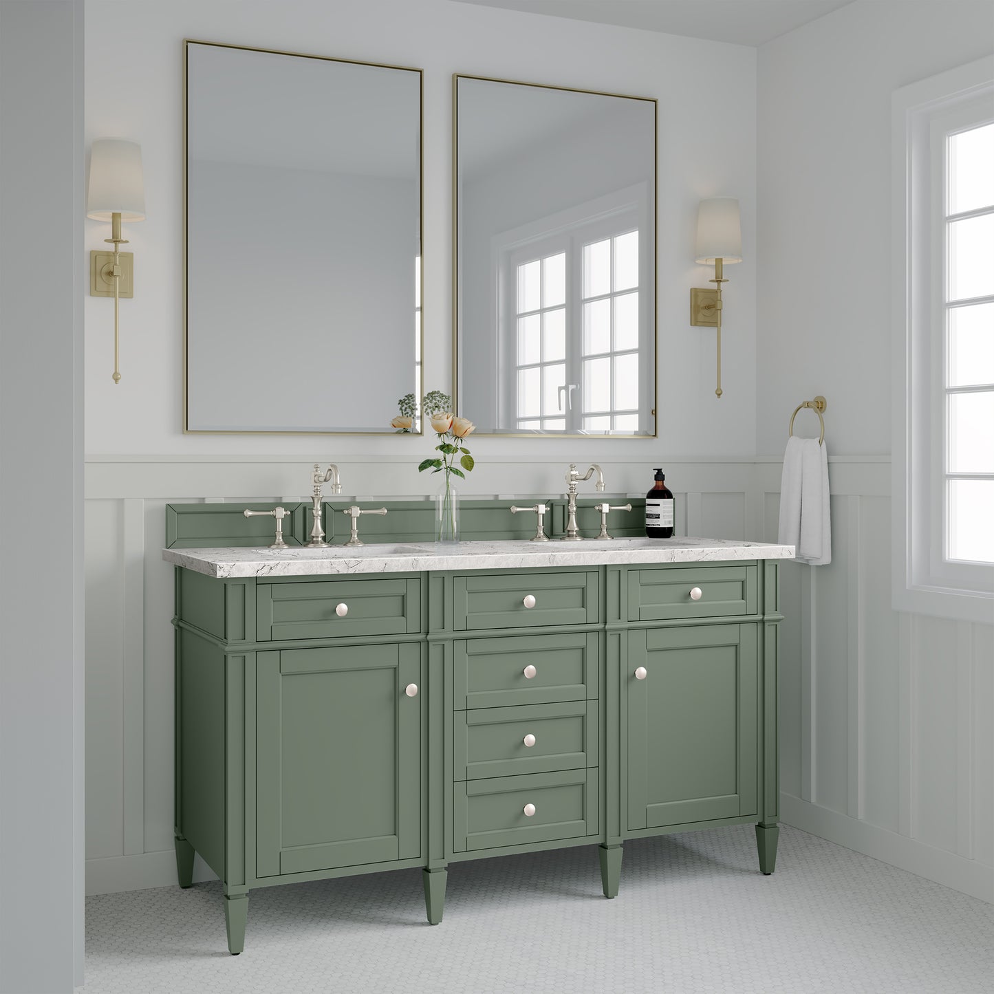 Renovate for Less Atlanta Brittany 60" Double Vanity, Smokey Celadon w/ 3 CM Eternal Jasmine Pearl Top w/FreePower Wireless Charger