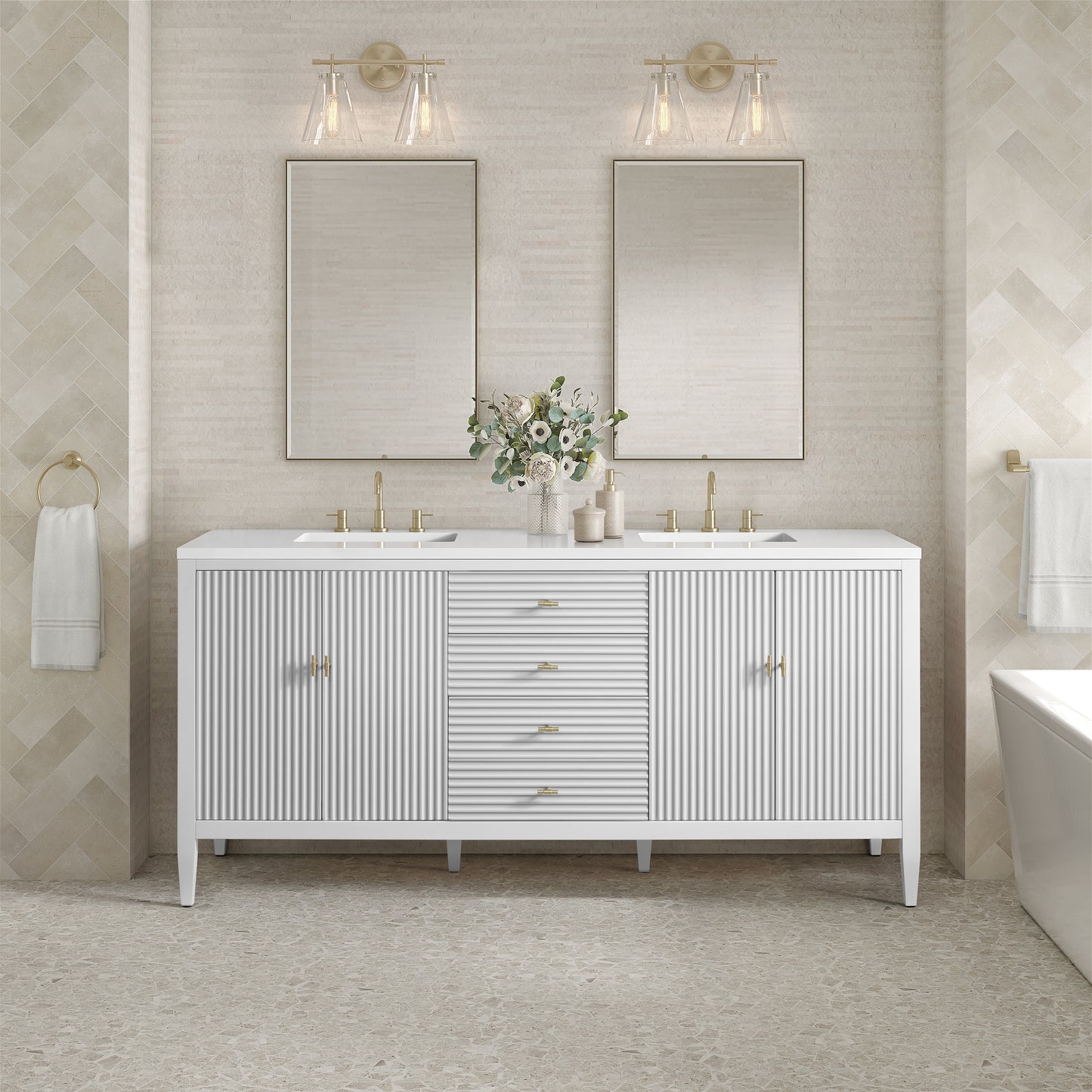 Renovate for Less Atlanta Myrrin 72" Double Vanity, Bright White w/ 3 CM White Zeus Silestone Top