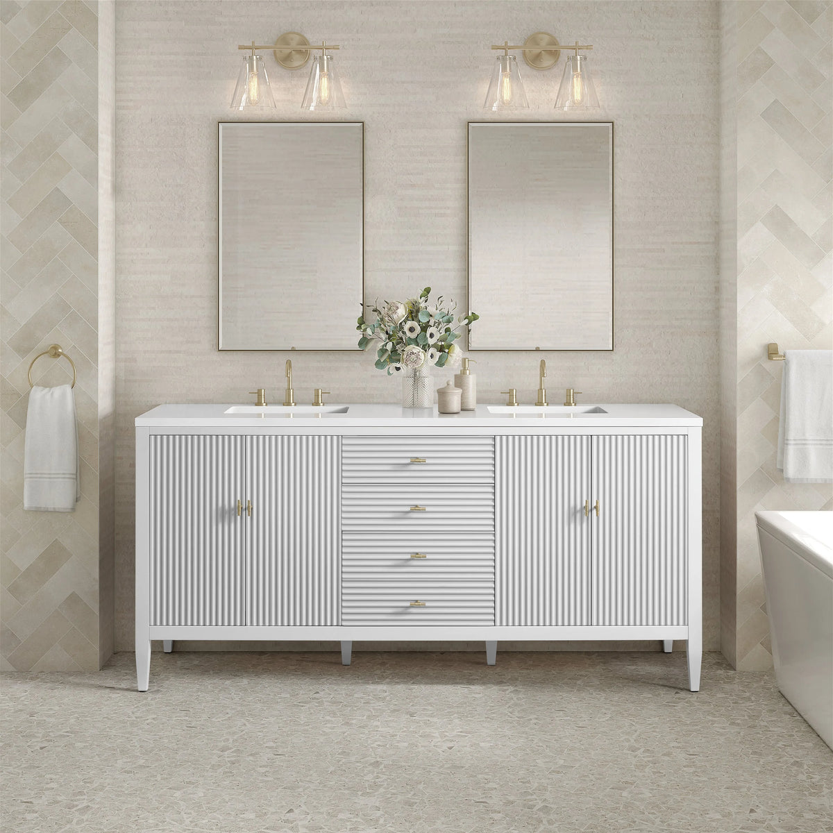 Myrrin 72" Double Vanity, Bright White w/ 3 CM White Zeus Silestone Top
