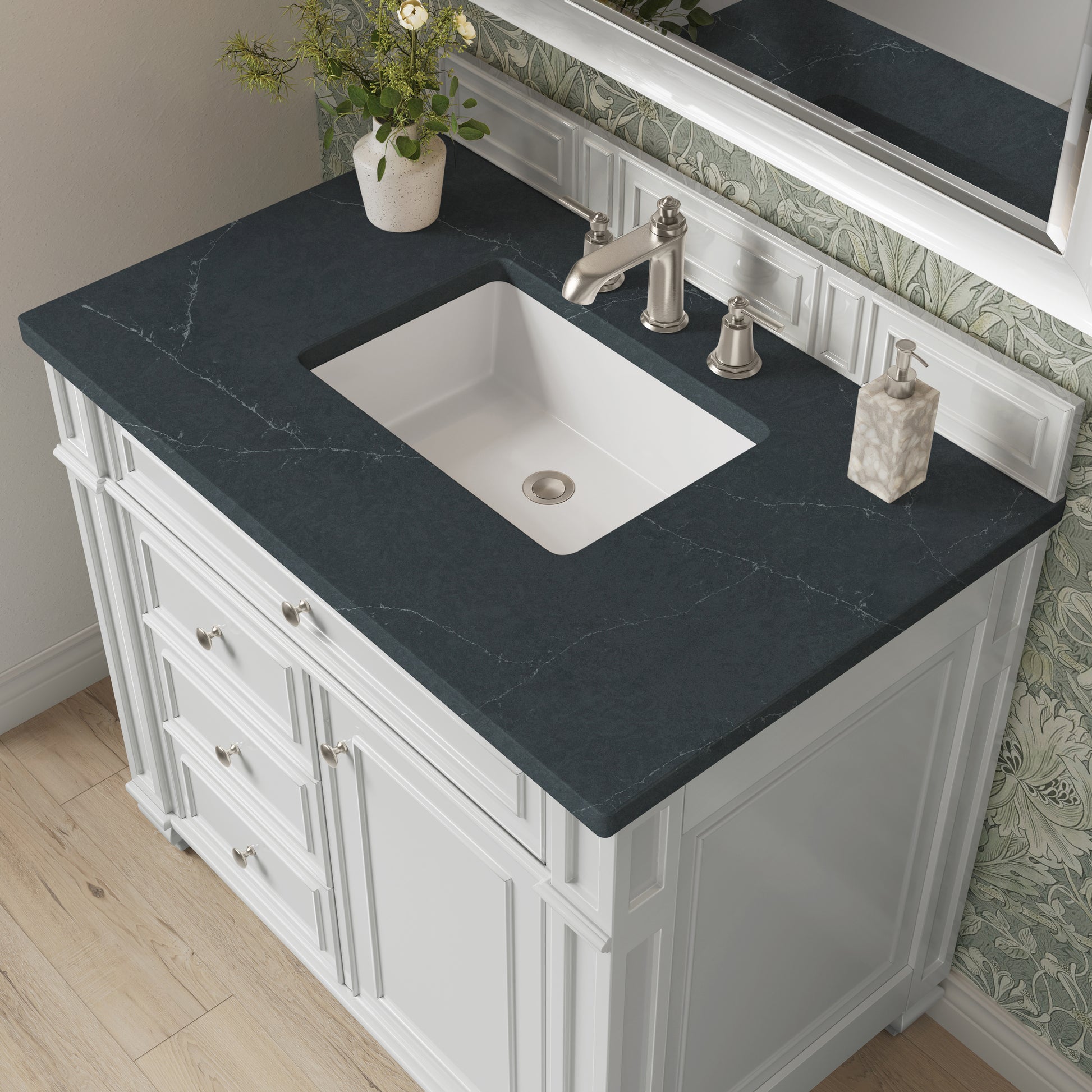 Renovate for Less Atlanta Bristol 36" Single Vanity, Bright White w/ 3 CM Charcoal Soapstone Silestone Top