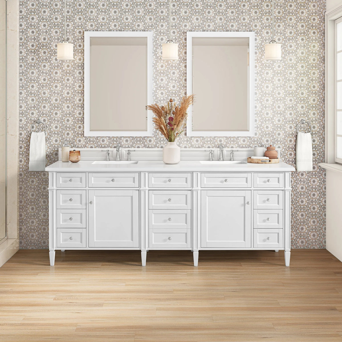Brittany 84" Double Vanity, Bright White w/ 3 CM White Zeus Top