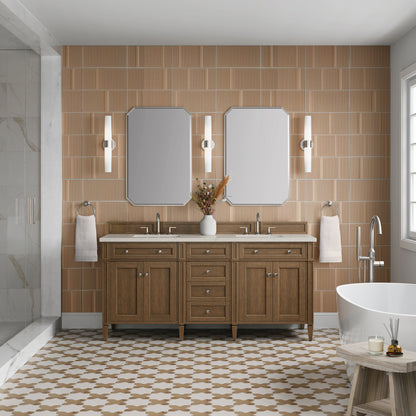 Renovate for Less Atlanta Brittany 72" Double Vanity, Saddle Brown, w/ 3 CM Siberian Silestone Top w/FreePower Wireless Charger