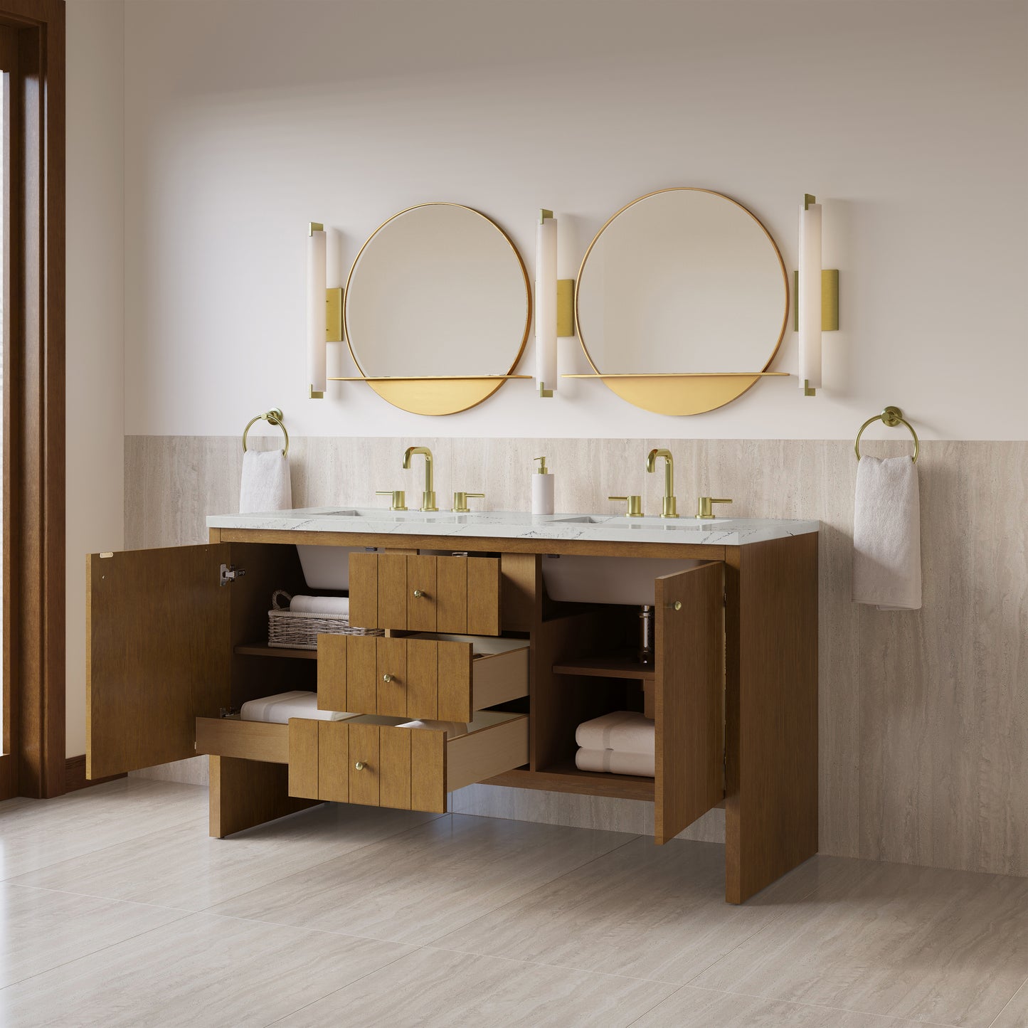 Renovate for Less Atlanta Hudson 60" Double Vanity, Honey Oak w/ 3 CM Ethereal Noctis Silestone Top w/FreePower Wireless Charger