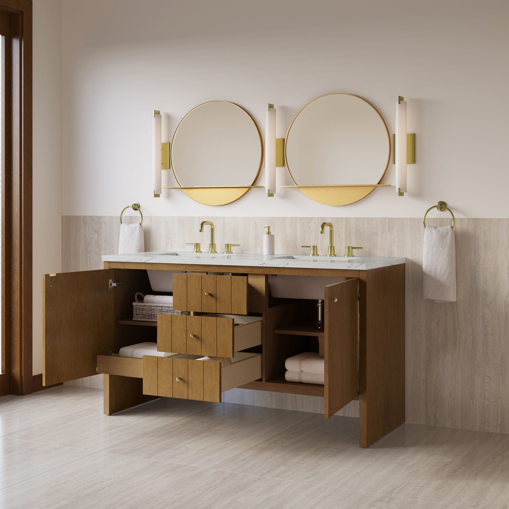 Renovate for Less Atlanta Hudson 60" Double Vanity, Honey Oak w/ 3 CM Ethereal Noctis Silestone Top w/FreePower Wireless Charger