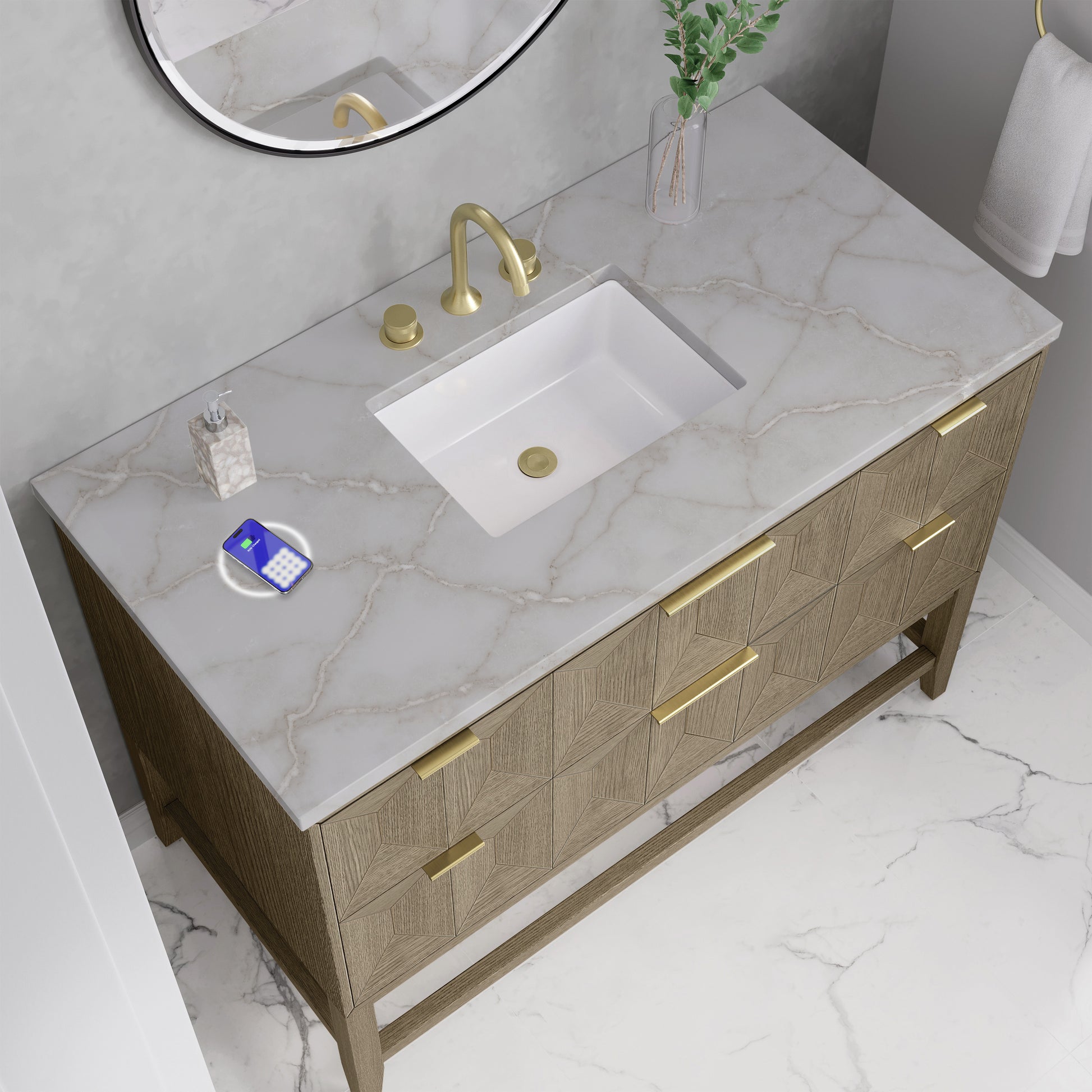Renovate for Less Atlanta Emmeline 48" Single Vanity, Pebble Oak w/ 3 CM Victorian Silver Silestone Top w/ FreePower Wireless Charger