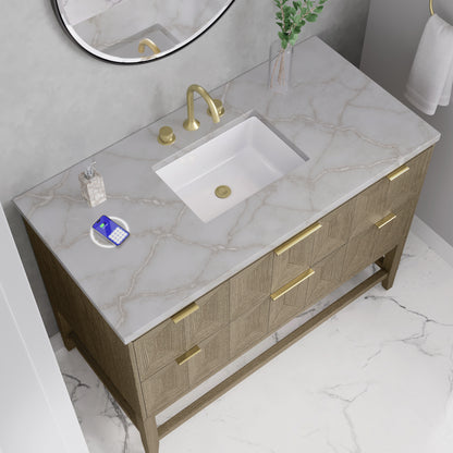 Renovate for Less Atlanta Emmeline 48" Single Vanity, Pebble Oak w/ 3 CM Victorian Silver Silestone Top w/ FreePower Wireless Charger