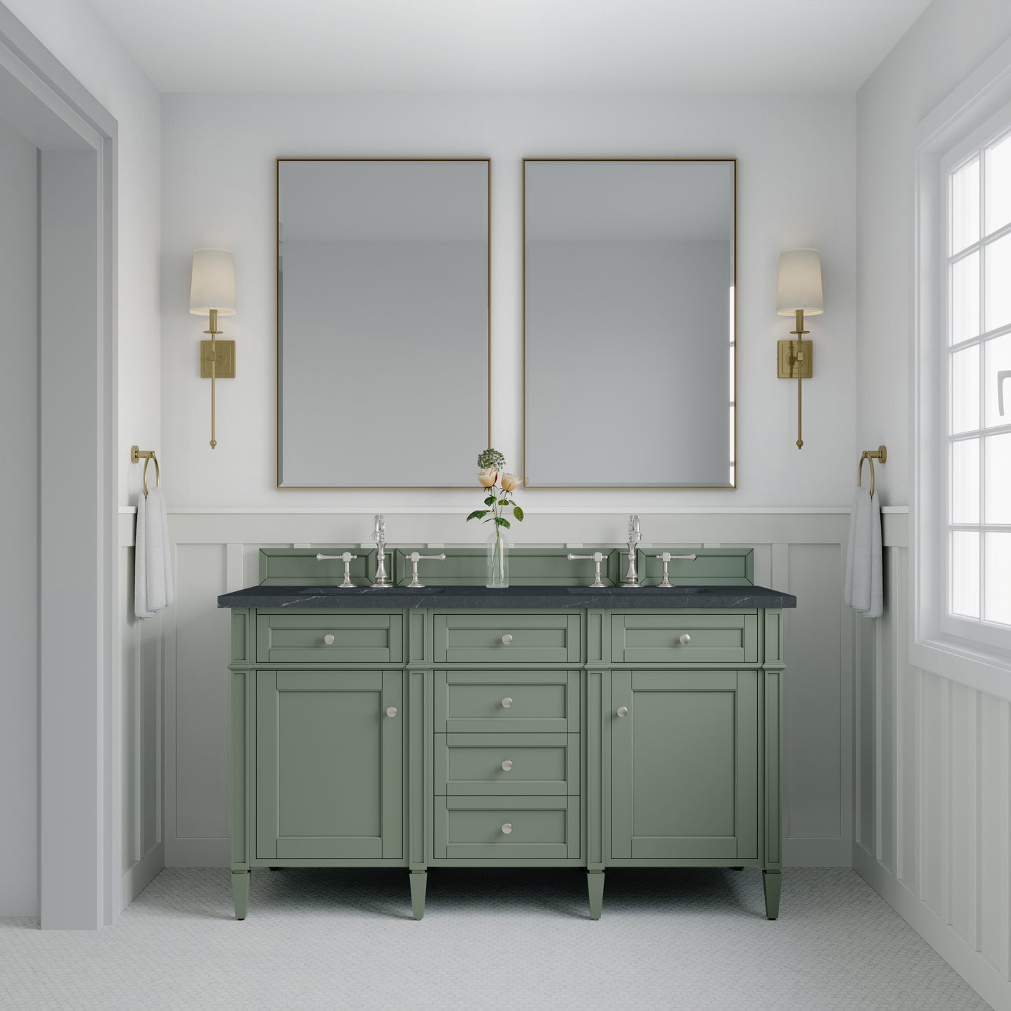 Renovate for Less Atlanta Brittany 60" Double Vanity, Smokey Celadon w/ 3 CM Charcoal Soapstone Top