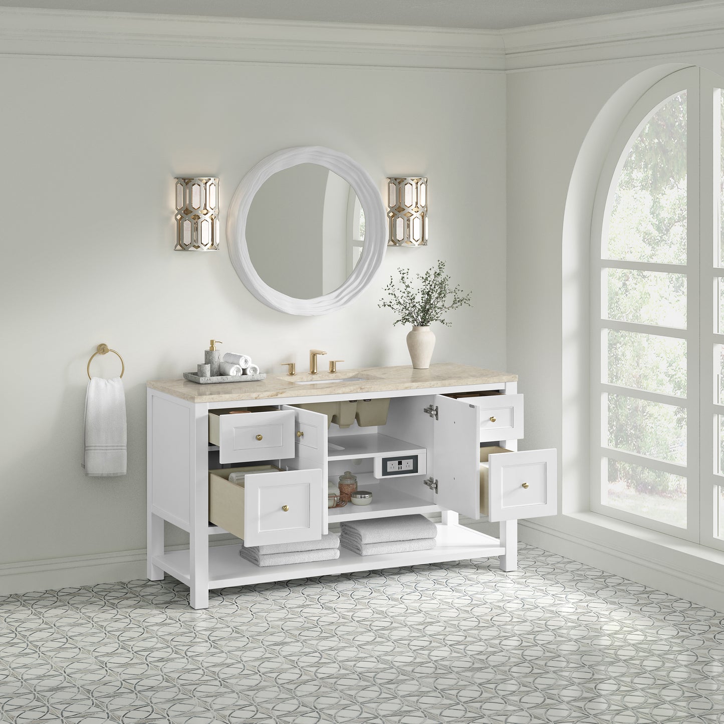 Renovate for Less Atlanta Breckenridge 60" Single Vanity, Bright White, w/ 3 CM Tajnar Eclos Top w/FreePower Wireless Charger