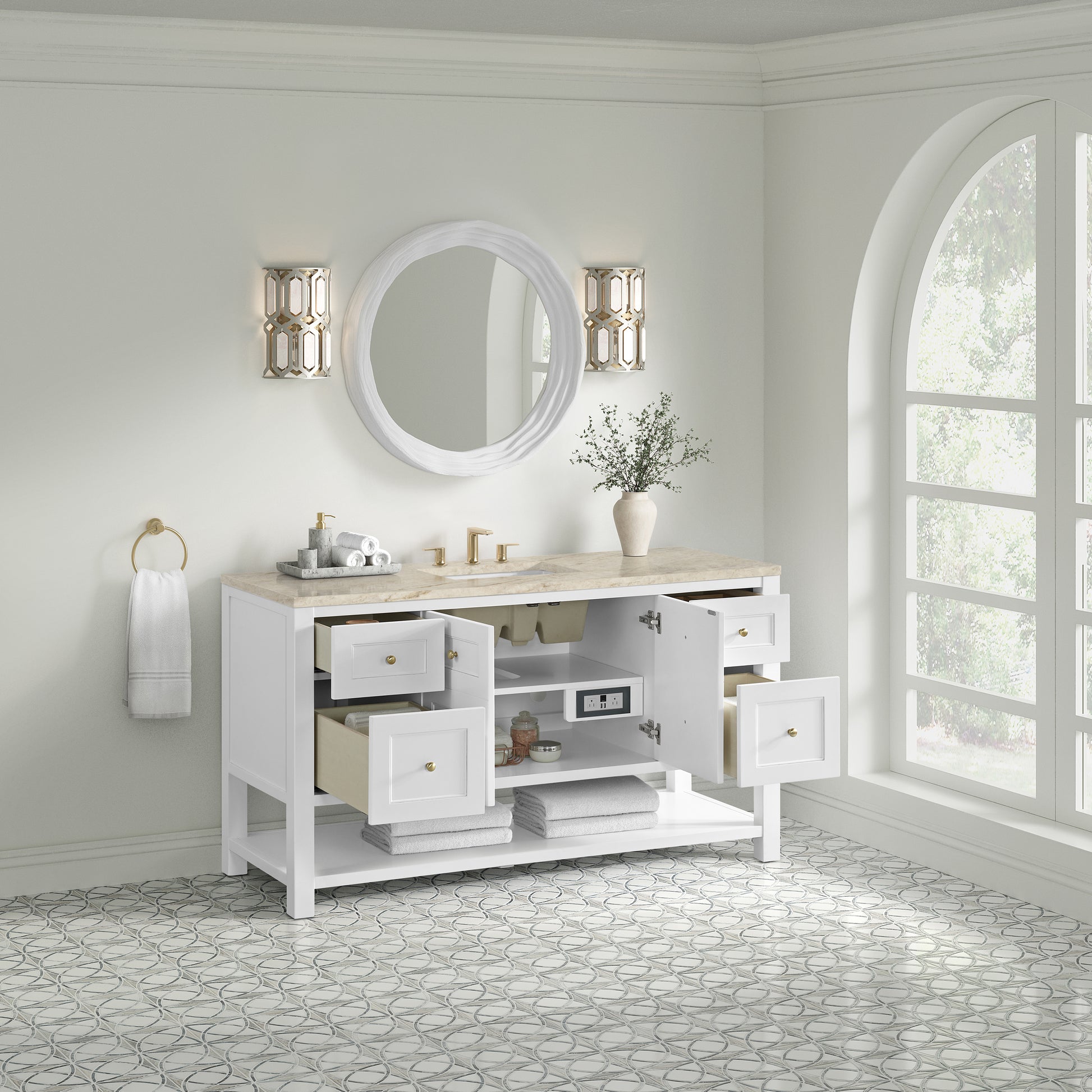 Renovate for Less Atlanta Breckenridge 60" Single Vanity, Bright White, w/ 3 CM Tajnar Eclos Top w/FreePower Wireless Charger