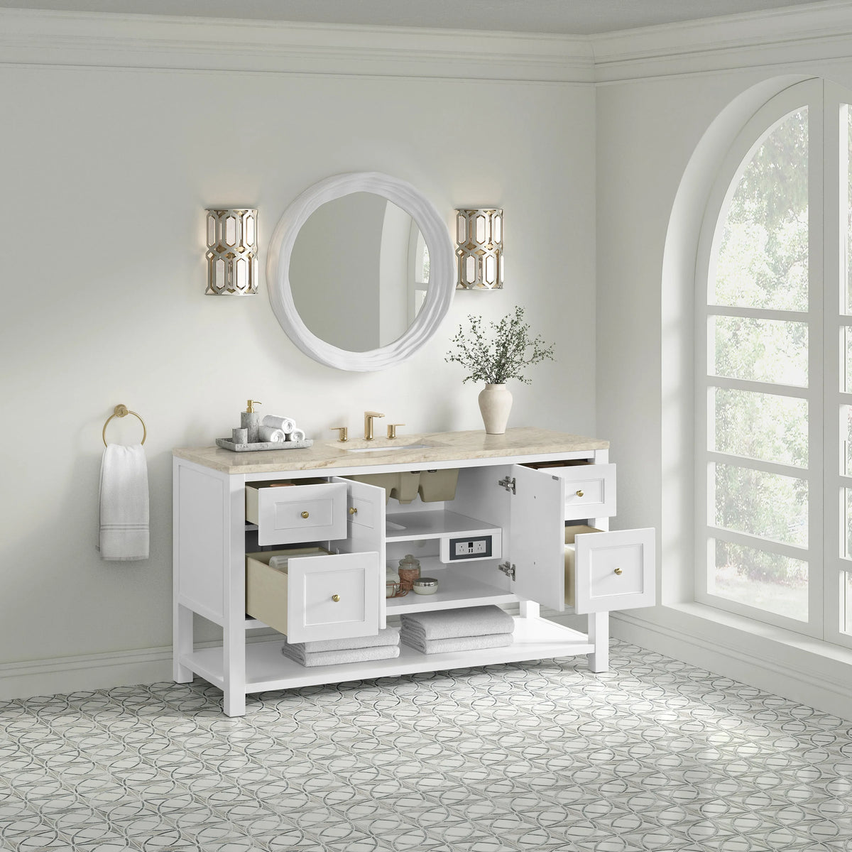 Breckenridge 60" Single Vanity, Bright White, w/ 3 CM Tajnar Eclos Top w/FreePower Wireless Charger