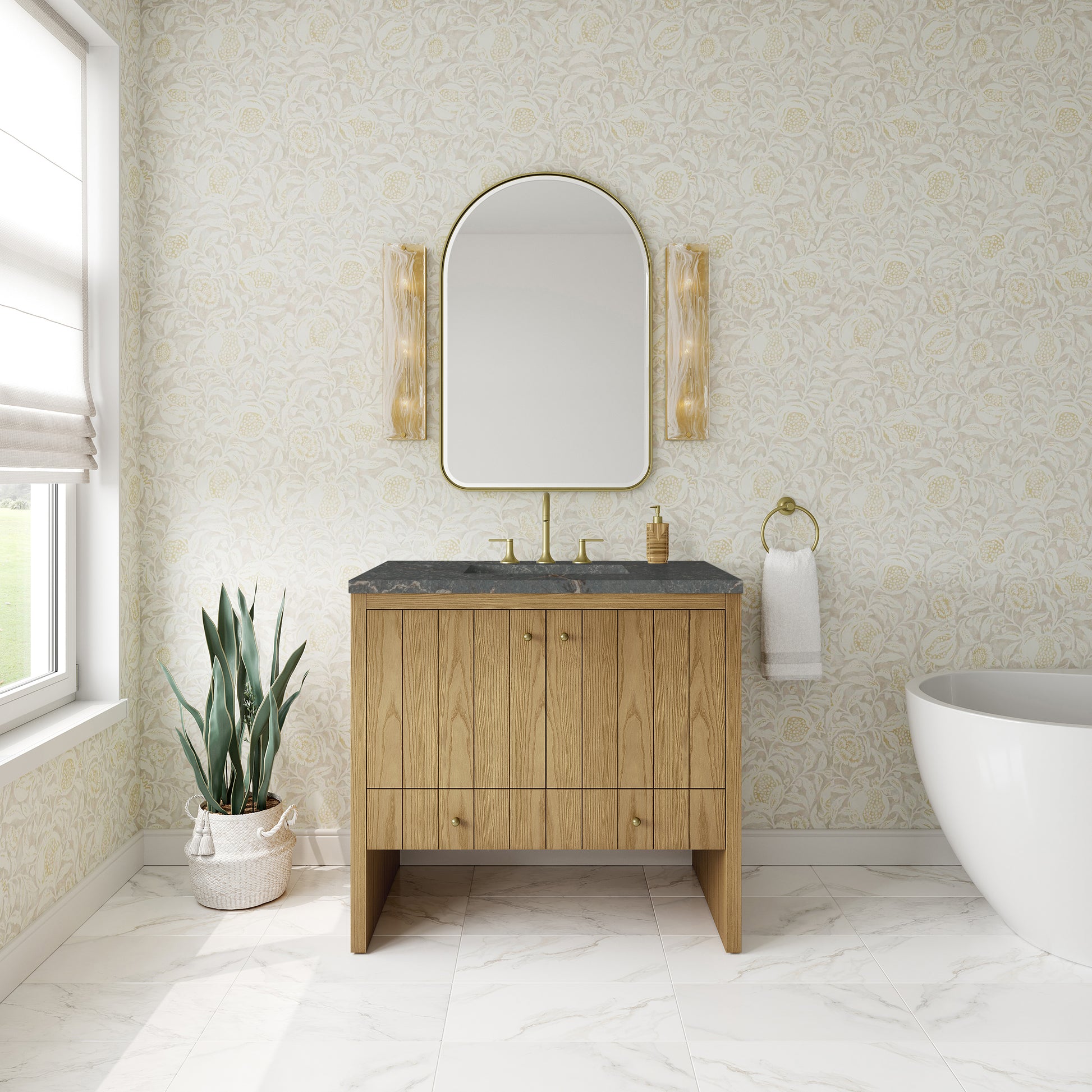 Renovate for Less Atlanta Hudson 36" Single Vanity, Light Natural Oak w/ 3 CM Parisien Bleu Top