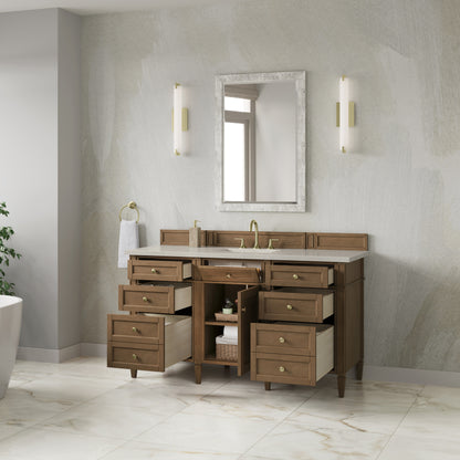 Renovate for Less Atlanta Brittany 60" Single Vanity, Pecan w/ 3 CM Siberian Silestone Top w/FreePower Wireless Charger