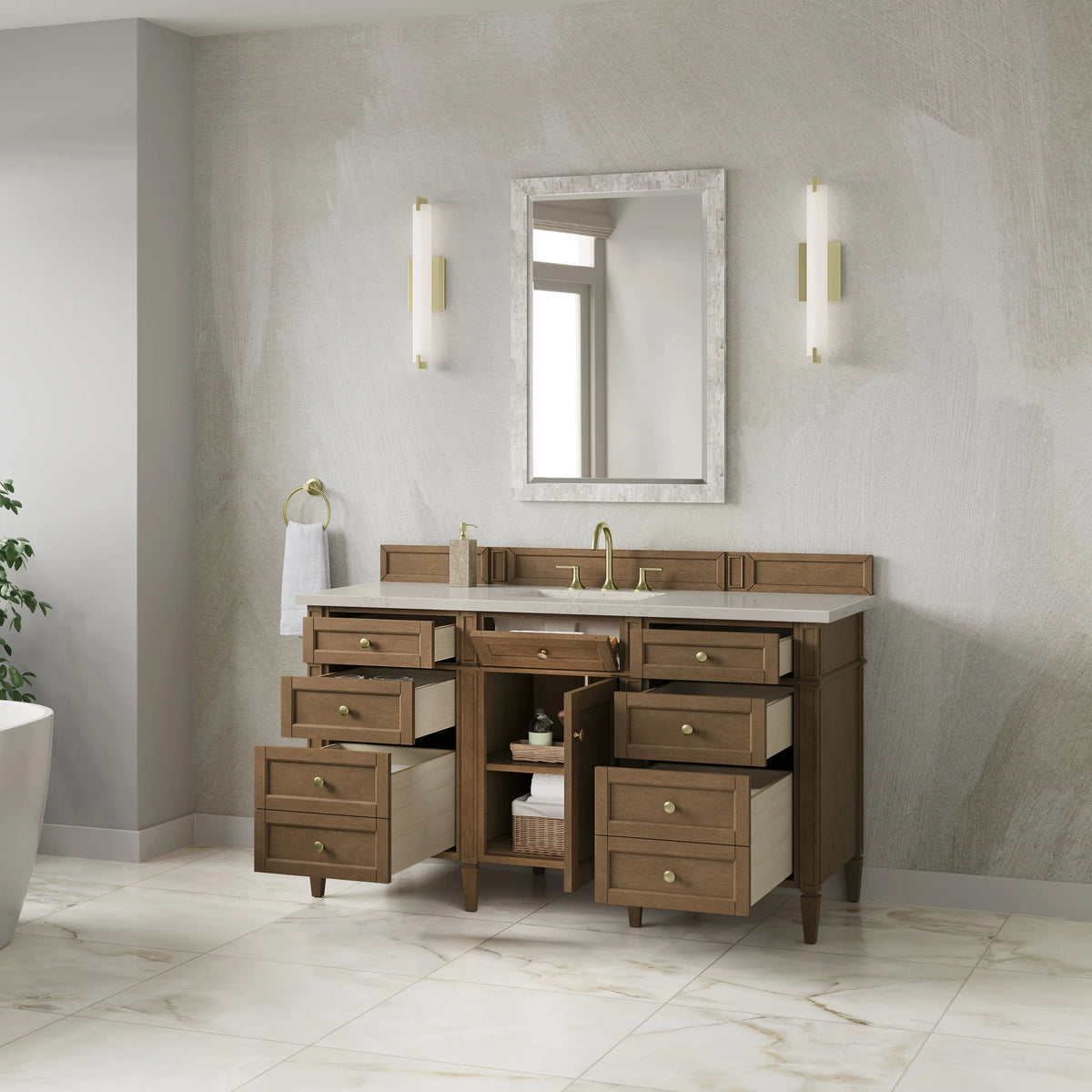 Brittany 60" Single Vanity, Pecan w/ 3 CM Siberian Silestone Top w/FreePower Wireless Charger