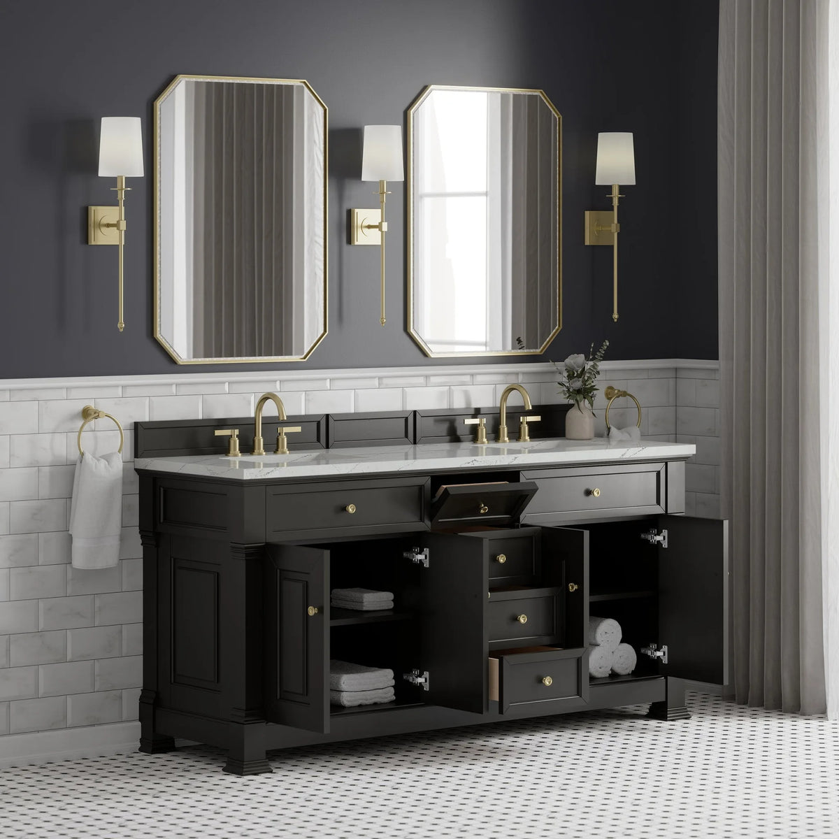 Brookfield 72" Double Vanity, Black Onyx w/ 3 CM Ethereal Noctis Silestone Top