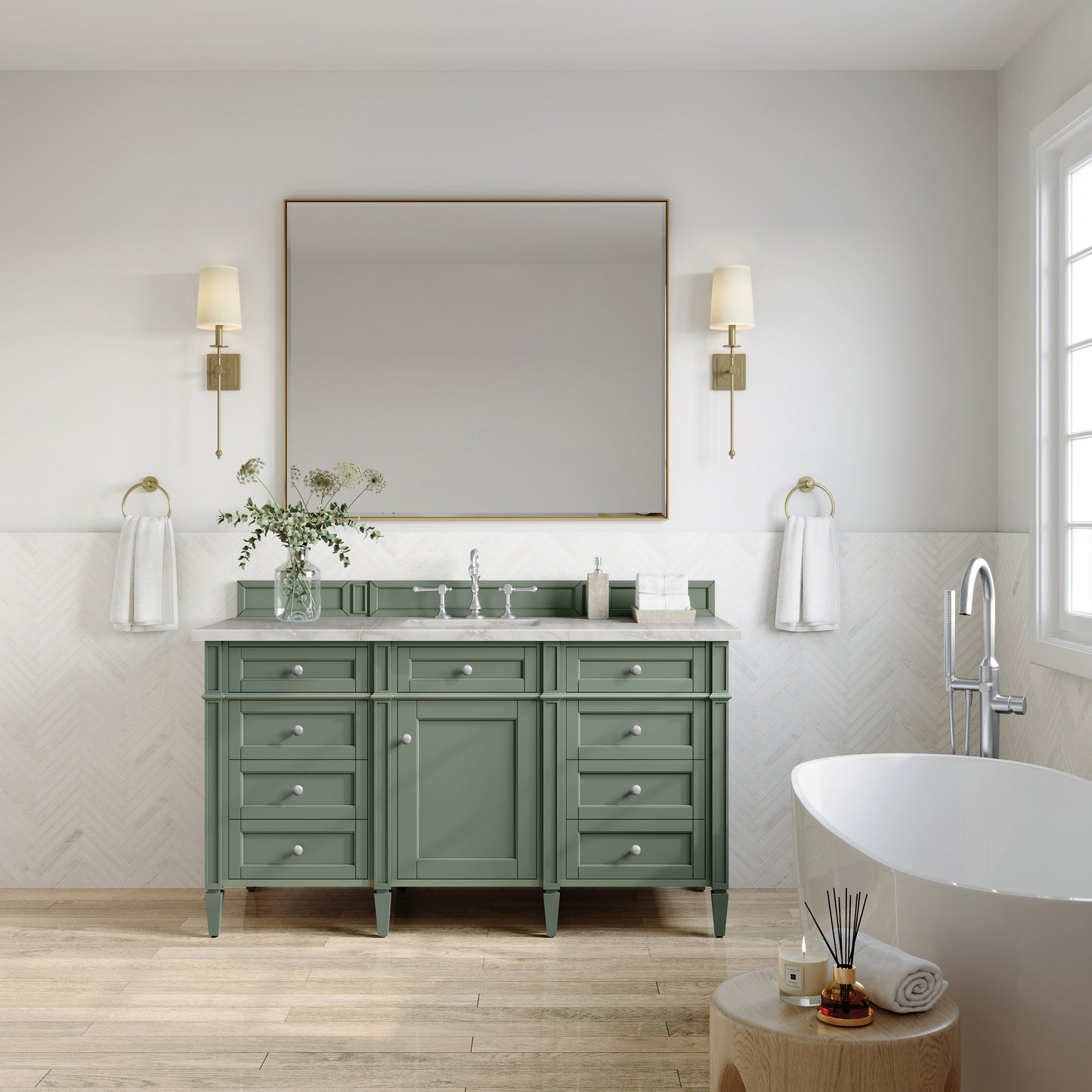 Renovate for Less Atlanta Brittany 60" Single Vanity, Smokey Celadon w/ 3 CM Victorian Silver Top w/FreePower Wireless Charger